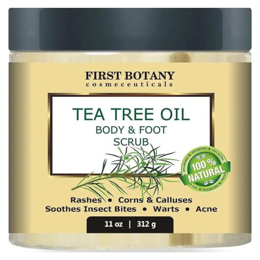 First Botany Cosmeceuticals, 100 % Natural Tea Tree Oil Body & Foot Scrub with Salt - Best for Acne, Dandruff and Warts, Helps with Corns, Calluses, Athlete foot, Jock Itch & Body Odor