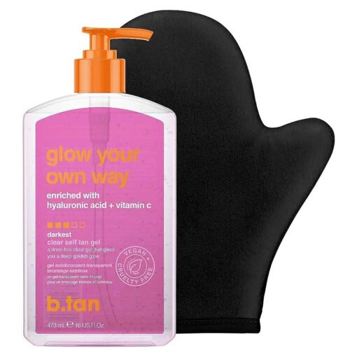 b.tan Best Clear Self Tanning Gel with Mitt | Glow Your Own Way Bundle - Quick Express Tanner Gel for Face and Body with Applicator, Transfer-Proof, 16 Fl Oz