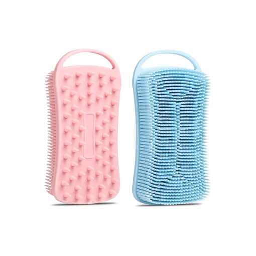 2 Pack Silicone Body Scrubber, 2 in 1 Shower and Scalp Massager Shampoo Brush, Soft Silicone Loofah for Sensitive Skin, Double-Sided Body Brush, Lathers Well, Gentle Exfoliating ( Blue, Pink )