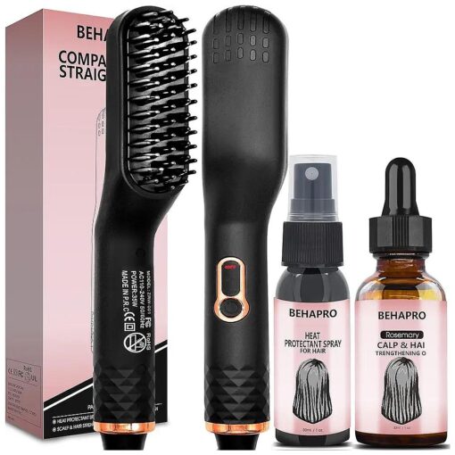 Portable Hair Straightener Brush, Straightening Brush Comb w/Heat Protectant Spray for Hair & Rosemary Strengthening Oil for Dry Damaged Hair, Hot Comb Hair Straightener Christmas Gifts for Women Her