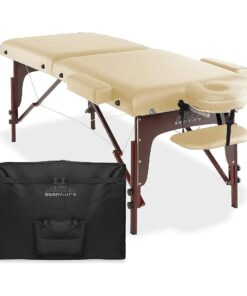 Saloniture Professional Portable Lightweight Bi-Fold Memory Foam Massage Table with Reiki Panels - Includes Headrest, Face Cradle, Armrests and Carrying Case - Cream