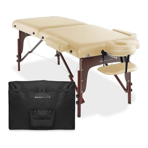 Saloniture Professional Portable Lightweight Bi-Fold Memory Foam Massage Table with Reiki Panels - Includes Headrest, Face Cradle, Armrests and Carrying Case - Cream