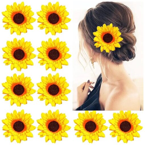 kangaroo 10 PCS Big Flower Hair Clips 4 Inch Artificial Silk Yellow Sunflower 4" Fabric Floral Hair Alligator Clips for Bridal Girls, Teens, Women, Wedding Home Decor