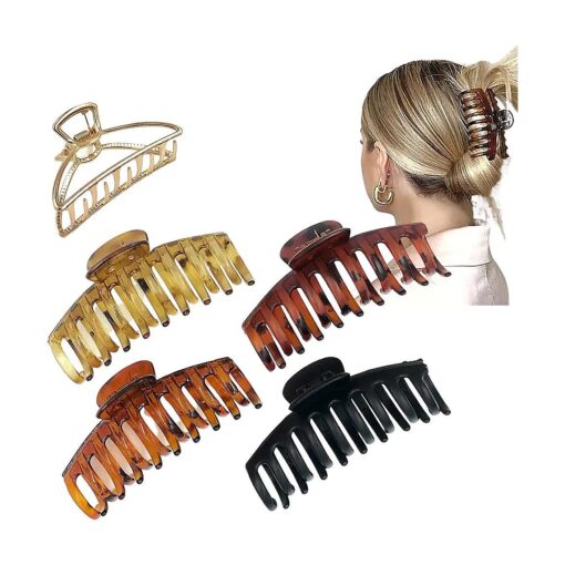 Big Hair Claw Clip for Women-Unbreakable Large Claw Clips, 5 pcs Large, 4 pcs Acrylic Resin + 1 pc Metal Alloy, Strong Hold Hair Claws for Thick, Long Hair