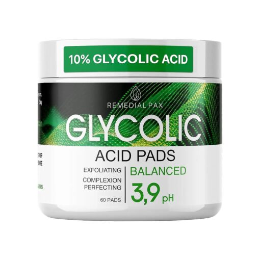 REMEDIAL PAX Glycolic Acid Resurfacing Pads 10 % for Face and Body - Exfoliating Facial Peel-Vitamins B5 C E, Green Tea - Glycolic Acid Face Wash - 60 Pre-Moistened Cotton Pads for Cleansing, Peeling