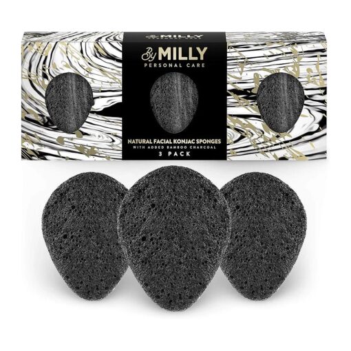 Konjac Sponge for Face | All Natural and Reusable | Konjac Facial Sponge with Activated Bamboo Charcoal | Gentle Exfoliating Sponge for Face | Cleaning for All Skin Types | Biodegradable - Black, 3pcs