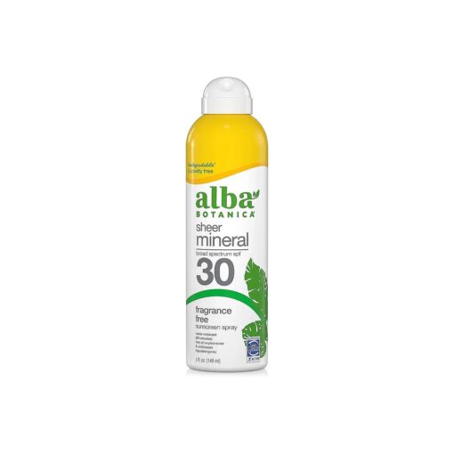 Alba Botanica Sheer Mineral Sunscreen Spray, SPF 30, Fragrance-Free Broad Spectrum, Water Resistant and Biodegradable, 5 fl, Oz, Bottle