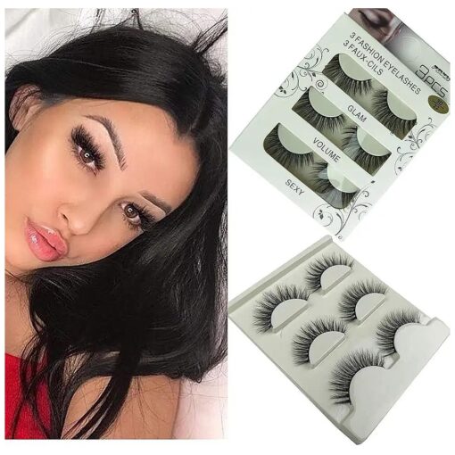 Imported Fiber 3D Mink False Eyelashes Handmade Reusable Long Cross Makeup Natural 3D Fur Fake Eye Lashes Thick Natural Black 3 Pairsd ( 3D-22 )