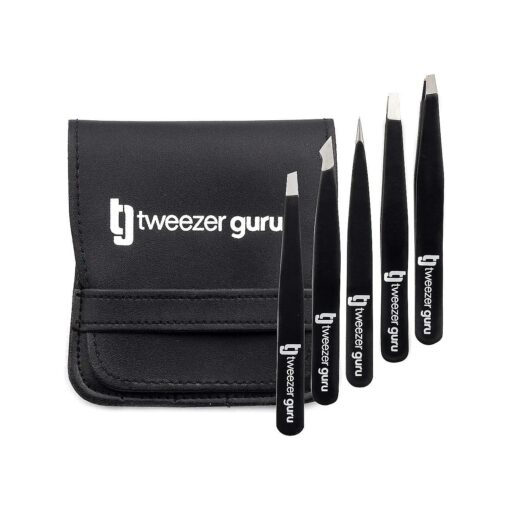 Tweezers Set 5-piece - Tweezer Guru Stainless Steel Slant Tip and Pointed Eyebrow Tweezer Set - Great Precision for Facial Hair, Ingrown Hair, Splinter and Blackhead Remover ( Black ) ( 5-Pack )