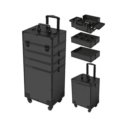 5 in 1 Rolling Makeup Train Case Professional Large Storage Cosmetic Trolley Makeup Organizer Makeup Travel Case with Key Swivel Wheels Salon Barber Case Traveling Cart Trunk, 32.7" x14" x10", Black