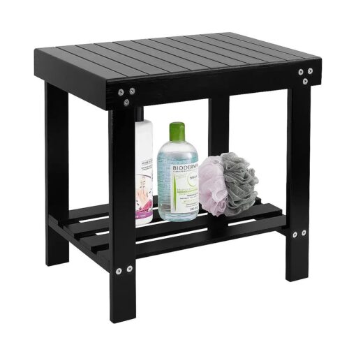 VaeFae Bamboo Spa Bench Wood Seat Stool Foot Rest Shaving Stool with Non-Slip Feets Storage Shelf for Shampoo Towel, Works in Bathroom/Living Room/Bedroom/Garden Leisure ( Black )