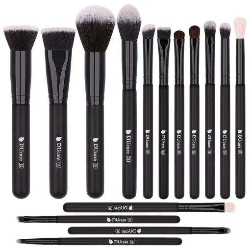 DUcare Makeup Brushes 15Pcs Premium Synthetic Kabuki Makeup Brush Set, Professional Foundation Concealers Powder Blush Blending Face Eye Shadows Black Brush Sets