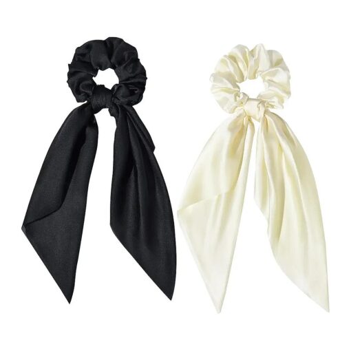 2PCS Hair Scarf Scrunchies HairRibbons for Women Satin Silk Elastic Hair Tie Bow Bands Ponytail Holder Accessories for Women Girls ( Black Champagne )