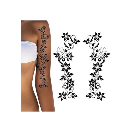 2x Sheets black chain cherry blossom flowers simple vine silothette temporary tattoos for women adult teens kids legs arms body seperate or together art temp tattoo luau party