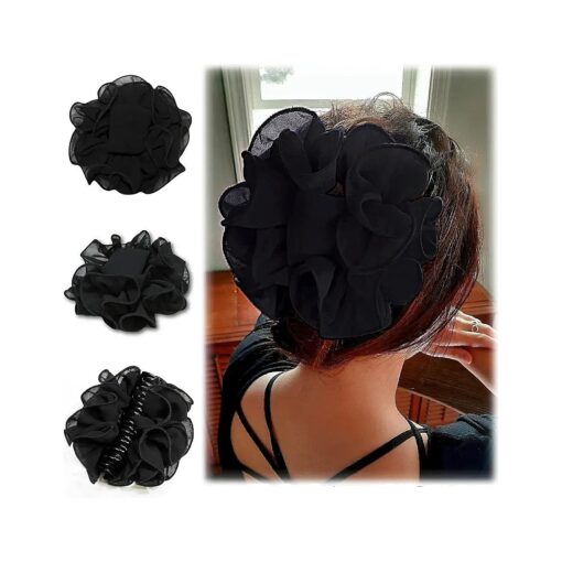 Large Chiffon Claw Clip Hair Bow | Large Size Black Fabric Ribbon Flower Rose | Claw Jaw Clamps Clips Accessories for Women & Girls Thick or Fine Hair