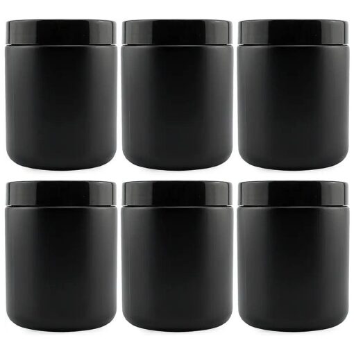 Cornucopia 8oz Black Coated Glass Jars ( 6-Pack ) ; Cosmetic Jars with Black Plastic Lids and Black Matte Exterior, 8-Ounce / 9-ounce Capacity