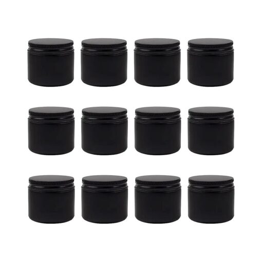 Cornucopia 2-Ounce Black Coated Glass Jars ( 12-Pack ) ; Cosmetic Jars with Black Metal Lids and Black Matte Exterior