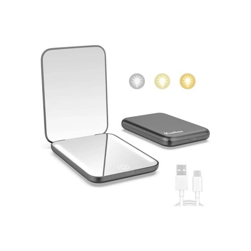 Kintion Rechargeable Pocket Mirror, Double Sided 1X/3X Magnification Compact Vanity Mirror, 3 Color Lights, Dimmable, Small Portable Wallet Mirror, Lighted Travel Mirror for Women Gifts, Black