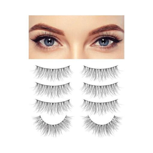 Natural Lashes Wispy False Eyelashes 3D Mink Lashes 12mm Soft C Curl False Lashes Thin Cotton Band Eyelashes Volume Fake Eyelashes 4 Pair Siligli