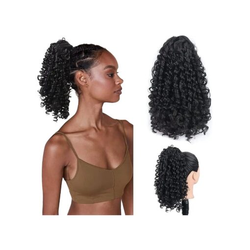 Yinmei Baibian Curly Ponytail Hair Extensions 14inch Drawstring Ponytails Hair for Black Women Loose Wavy Synthetic Clip in on Afro Pony Tail Hairpieces ( Black )