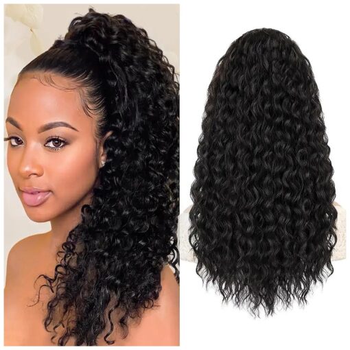 AISI BEAUTY Ponytail Extension, Curly Drawstring Ponytail Extension for Black Women Synthetic Clip in Ponytail Extension Black Long Curly Wavy 20 Inch Fake Ponytail Hairpieces for Daily Use