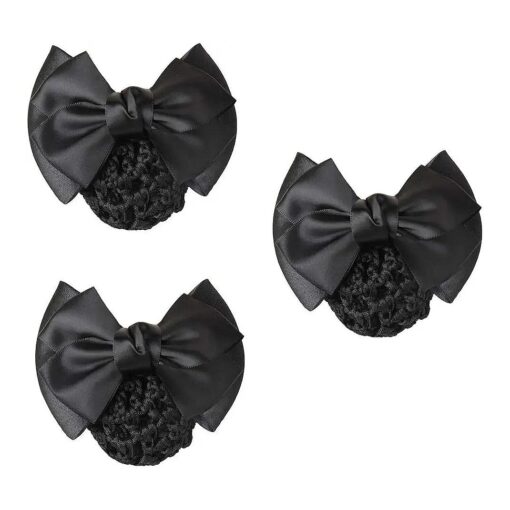 MOTZU 3 Pieces Bowknot Snood Net Barrette Hair Clip Bun Cover Hairnet Lace Bow Decor for Woman, Color Black