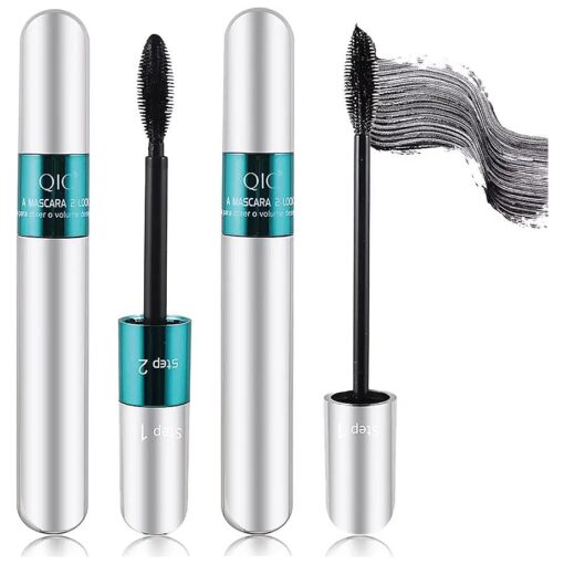 2 Pack 2 in 1 QIC Mascara, 5x Longer Washable Black Mascara, 4D Silk Fiber Lash 2 Step Mascara, No Clumping, Long-lasting Waterproof Mascara, Lash Cosmetics Beauty Eye Make up