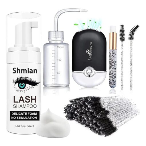 Lash Shampoo for Lash Extensions, Lash Fan with 50ml Eyelash Foam Cleanser and 50 Pcs Eyelash Brush and Rinse Bottle Oil Free/Sulfate Free Eyelash Wash Remover For Eyelash Extension Wash, Black