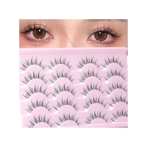 Manga Lashes Natural Look Anime False Eyelashes Wispy Fluffy Spiky Fake Lashes Cosplay Korean Japanese Asian Lashes Pack 10 Pairs Faux Mink Lashes Black