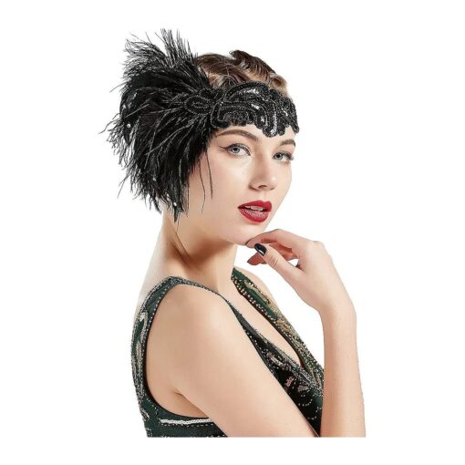 BABEYOND 1920s Flapper Headband Black Feather Headpiece 20s Gatsby Accessory