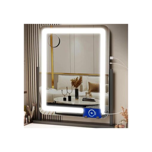 Makeup Vanity Mirror with Lights - 22" Large LED Lighted Mirror with 10X Magnification and USB Charging Port, Phone Holder, Smart Touch 3 Colors Dimmable, 360deg Rotation, Black