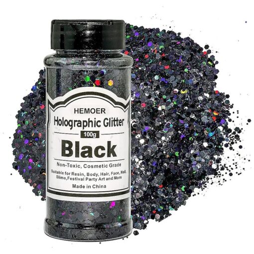 HEMOER Black Glitter 100g/3.5oz Holographic Chunky Sequins, Cosmetic Craft Glitters Set for Resin, Body, Hair, Face, Nail, Slime Festival Party Art and More