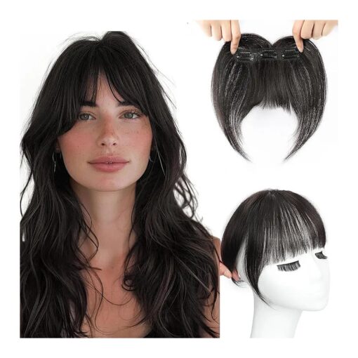 KooKaStyle Clip in Bangs, 100 % Real Human Hair Bangs, Bangs Hair Clip Human Hair 3 Secure Clips in Full Fringe French Bangs Natural Thick Volume Fake Bangs With Temples Hairpieces ( Natural Black )