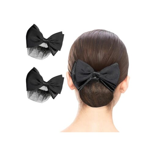 Beaupretty 2 Pieces Hair Snood Net Barrette Mesh Clip Elastic Butterfly Bun Bow Headdress for Lady Women Dance Office ( Black )