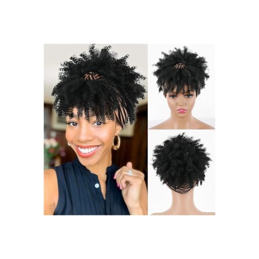 LEOSA Black Headband Wig Afro Kinky Headband Wig with Bangs for Women Synthetic Afro Kinky Curly Hair Wig with Headband Attached Short Kinky Curly Stripes Headband Wig Afro High Puff with Bangs Wigs