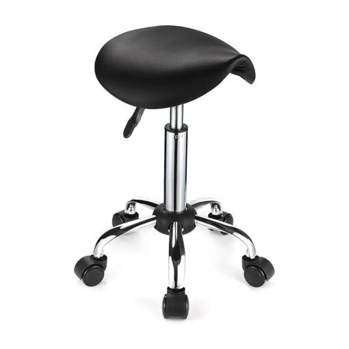 Saddle Rolling Stool with Wheels PU Leather Height Adjustable Swivel Stools Chair Black