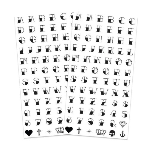 Fashiontats Traditional Knuckle Letters Temporary Tattoos ( 2-Pack ) | Sailor Jerry Alphabet Numbers & Symbols | Skin Safe | MADE IN THE USA | Removable