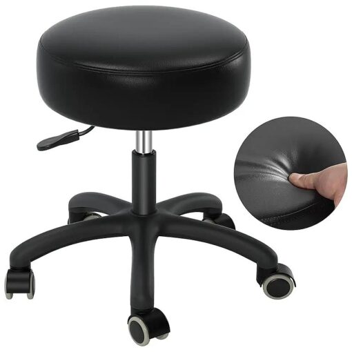 Rolling Stool with Wheels, Heavy Duty Lash Chair Adjustable for Tatoo Lab Massage Salon Spa Drafting Nail Teach,360 Swivel, Leather, Thick Seat Padding, Black