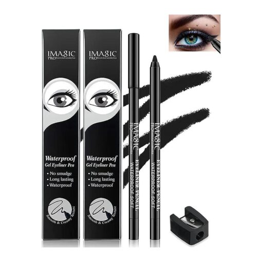 2Pcs Black Waterproof Smudge-proof Gel Eyeliner Pencil, Fade-Proof Eye Liner Pencil Soft Smooth Easy-to-Sharpen Pencil for Women Cat Eye/Smoky Eye Makeup with Pencil Sharpener