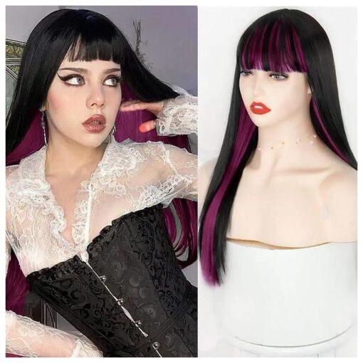 Swiking Black Mix Rose Red Long Straight Wig with Bangs Silky Synthetic Replacement Hair Wig Heat Resisting Two Color Daily Party Cosplay Wigs