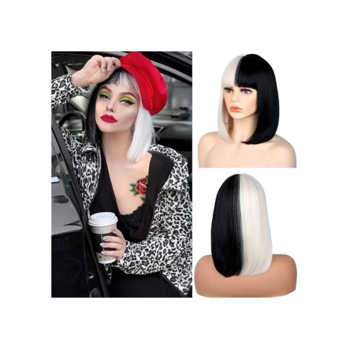 Annivia Black and White Straight Wigs Short Bob with Bangs for Women Synthetic Human Hair Replacement Wig ( Black and White )