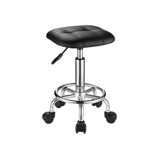 Square PU Cushion Rolling Stool with Wheels Height Adjustable Swivel Stools Chair Black