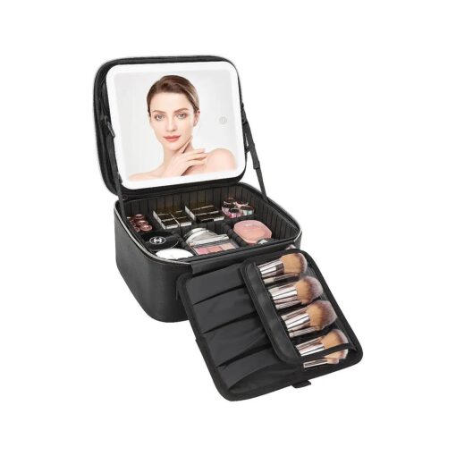 Relavel Travel Makeup Bag With LED Mirror, Cosmetic Train Case with Light up Mirror, Portable Makeup Artist Organizer Bag with Adjustable Dividers, Makeup Brush Holder Storage ( Black )