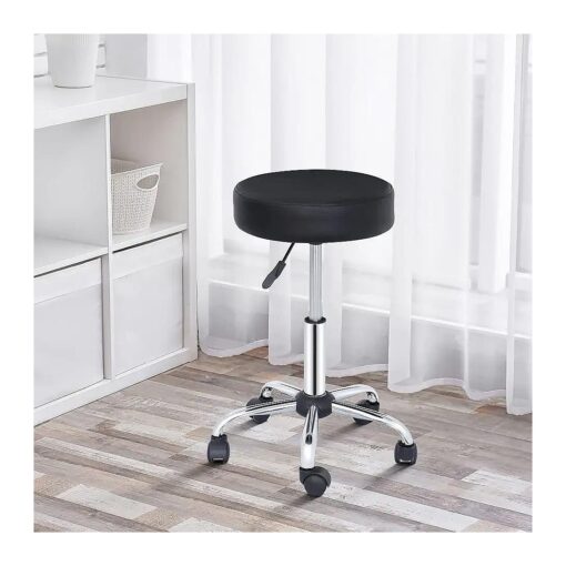 F2C PU Leather Round Salon Stool with Metal 5 Star Base and Wheels, Height Adjustable Hydraulic Bar Swivel Rolling Facial Massage Spa Task Chairs Black