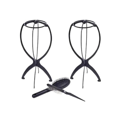 Smilco Wig Stand with Wig Brush Combo, 2 Pack Portable Collapsible Wig Dryer Holder for Wigs Display, Professional Wig Comb for Hair Finishing ( Black ) ( 2+2 )