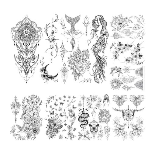 Glaryyears Latest Temporary Tattoo for Women Girls Adults, 9-Pack Black Large Realistic Snake Tattoos Stickers, Variery Pack Fake Tattoos Butterfly Mermaid, Body Tattoos for Chest Waist Arm Thigh