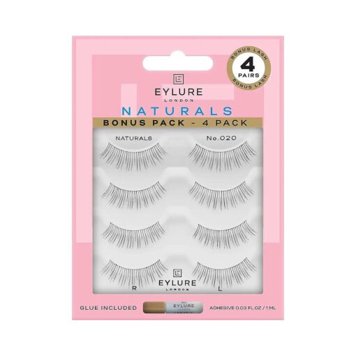 Eylure Naturals No, 020 Reusable Eyelashes, Adhesive Included, Black, 4 Pairs