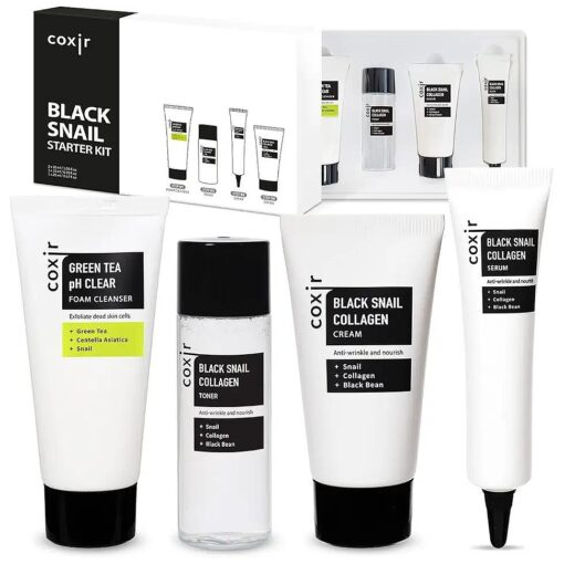 COXIR BLACK SNAIL COLLAGEN STARTER KIT l Repairing & Firming | Black-3-Complex : Black Rice, Bean, Sesame, Snail Mucin, Collagen FOAM CLEANSER+TONER+SERUM+CREAM [ 3.19 fl.oz ( Pack of 1 ) ]