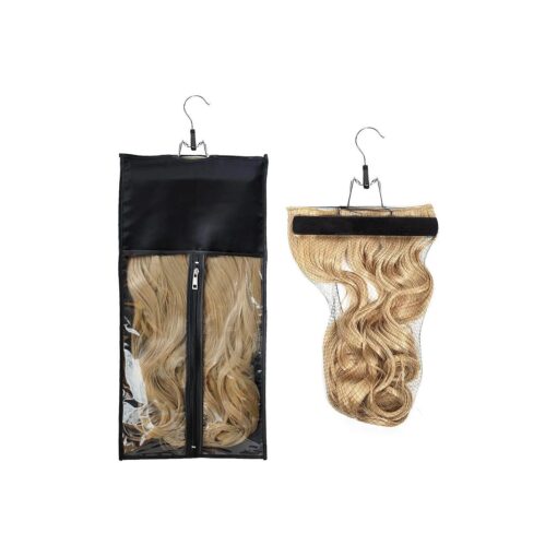 1 Pack Hair Extension Satin Storage Bag with Hanger Wig Holder Bundles Hairpieces Ponytail Wig Style Hair Travel Black Color