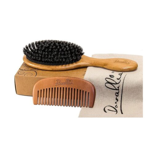 Boar Bristle Hair Brush Set for Women and Men - Designed for Thin and Normal Hair - Adds Shine and Improves Hair Texture - Wood Comb and Gift Bag Included ( black )